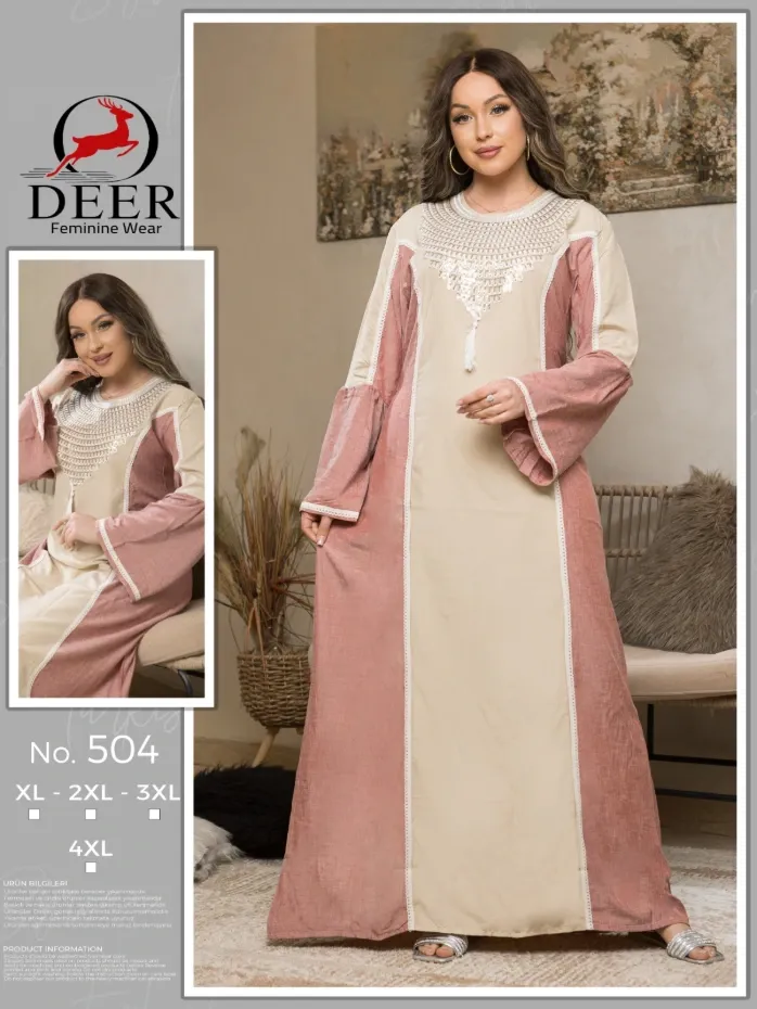 Home Embroidered Abaya - Model 504 (X Large , Off White × Rose)