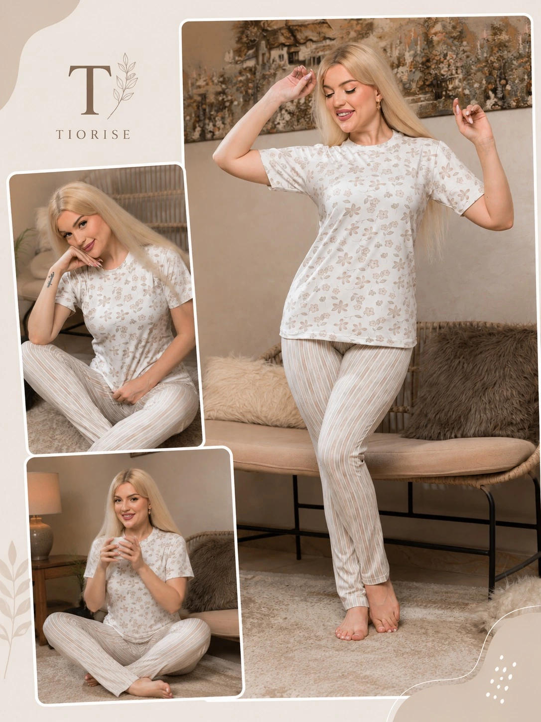 [FA036010001] Women’s Floral Print Summer Pajama Set (Large, Beige)
