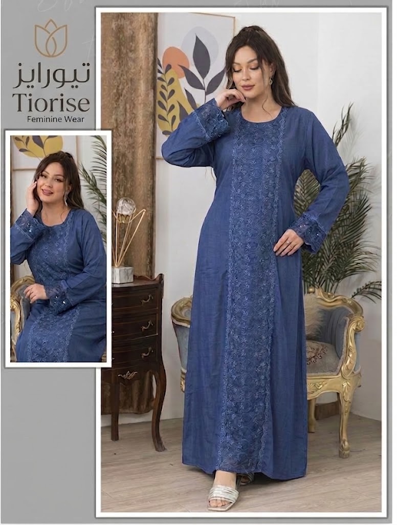 [FA013050101] عباية نسائية أنيقة بتطريز فاخر (إكس لارج, أزرق)