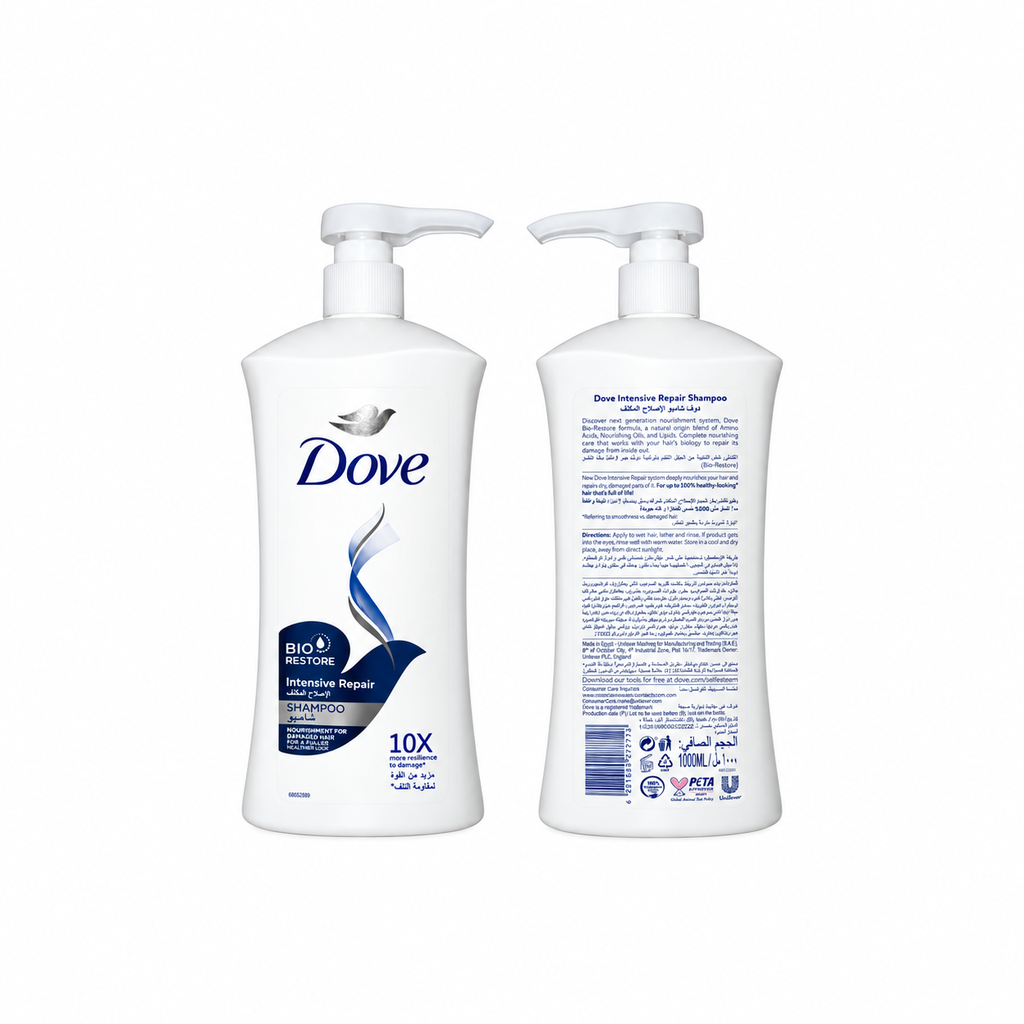 Dove shampoo for damaged hair, repairs and nourishes hair, with natural ingredients, one 1000 milliliter bottle